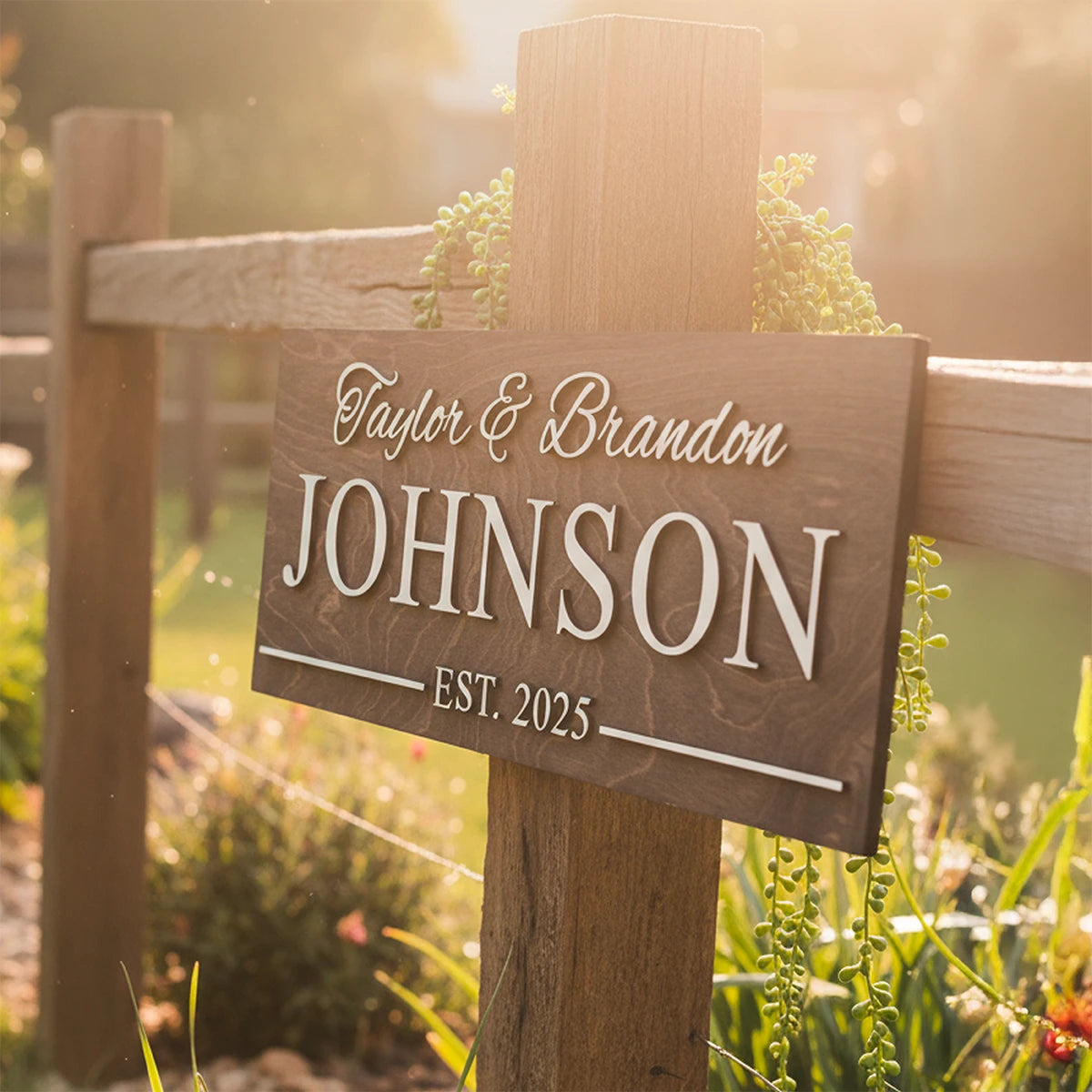 Wooden sign with 'Taylor & Brandon JOHNSON EST. 2025' on a wooden post with a garden background.