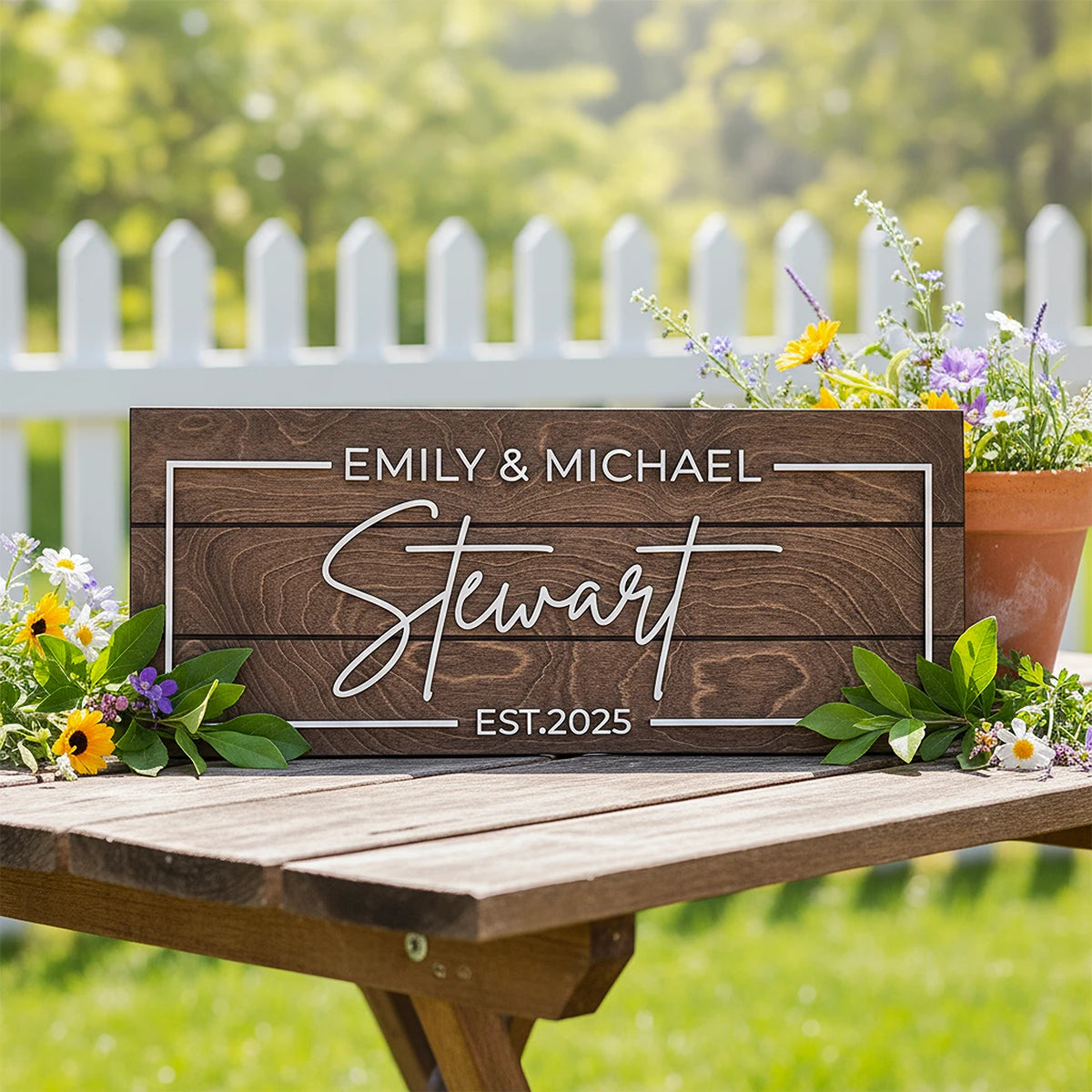 Wooden sign with 'EMILY & MICHAEL Stewart EST. 2025' on a table with flowers, against a white picket fence.