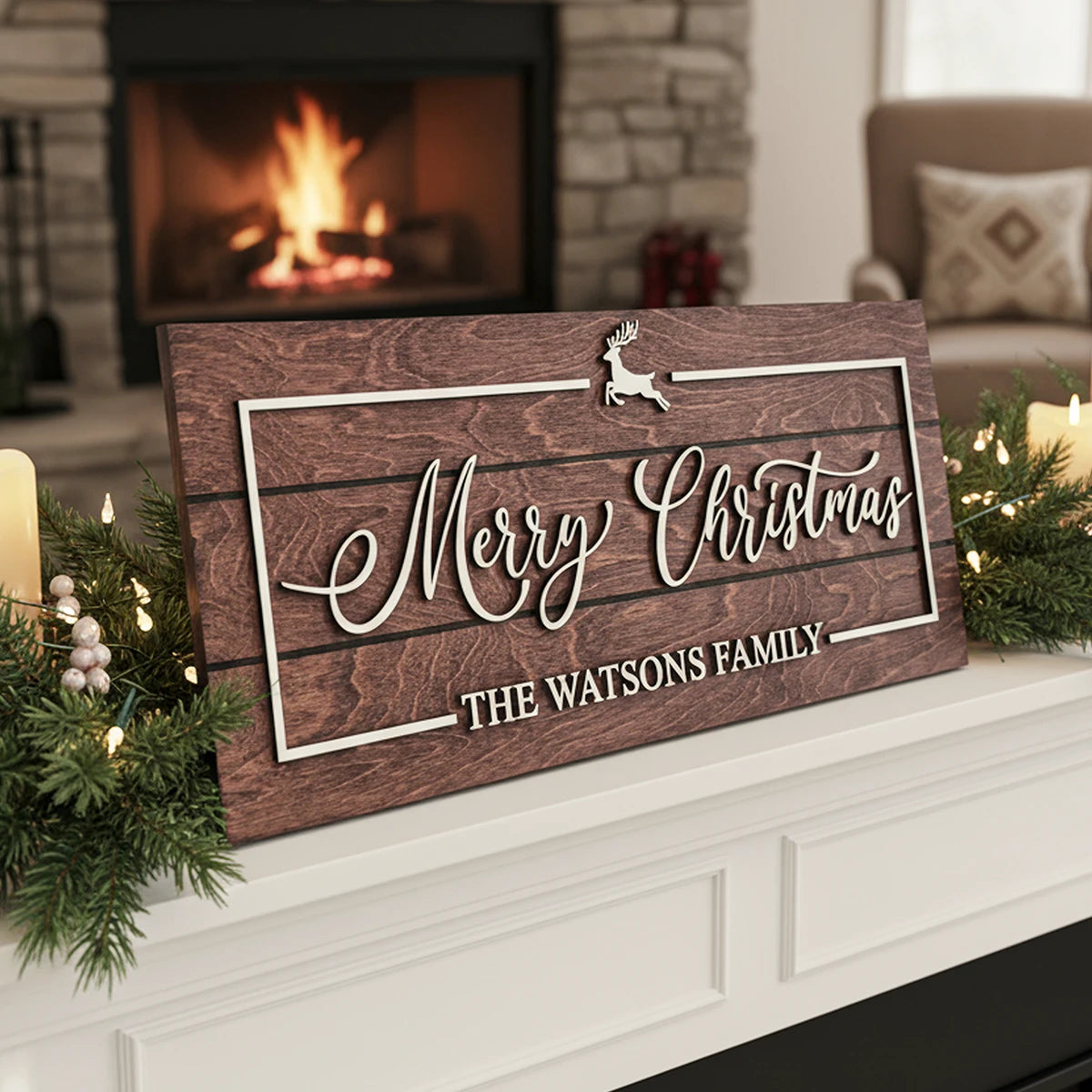 Wooden Christmas sign with 'Merry Christmas' and family name on a fireplace mantle.